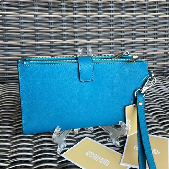 Michael Kors Large Double Zip Leather Wallet Wristlet Phone Case Lagoon - Picture 5 of 16